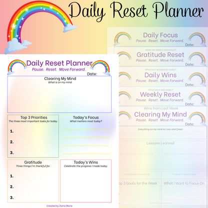 Daily Reset Planner – Rainbow Printable for Clarity, Gratitude & Focus